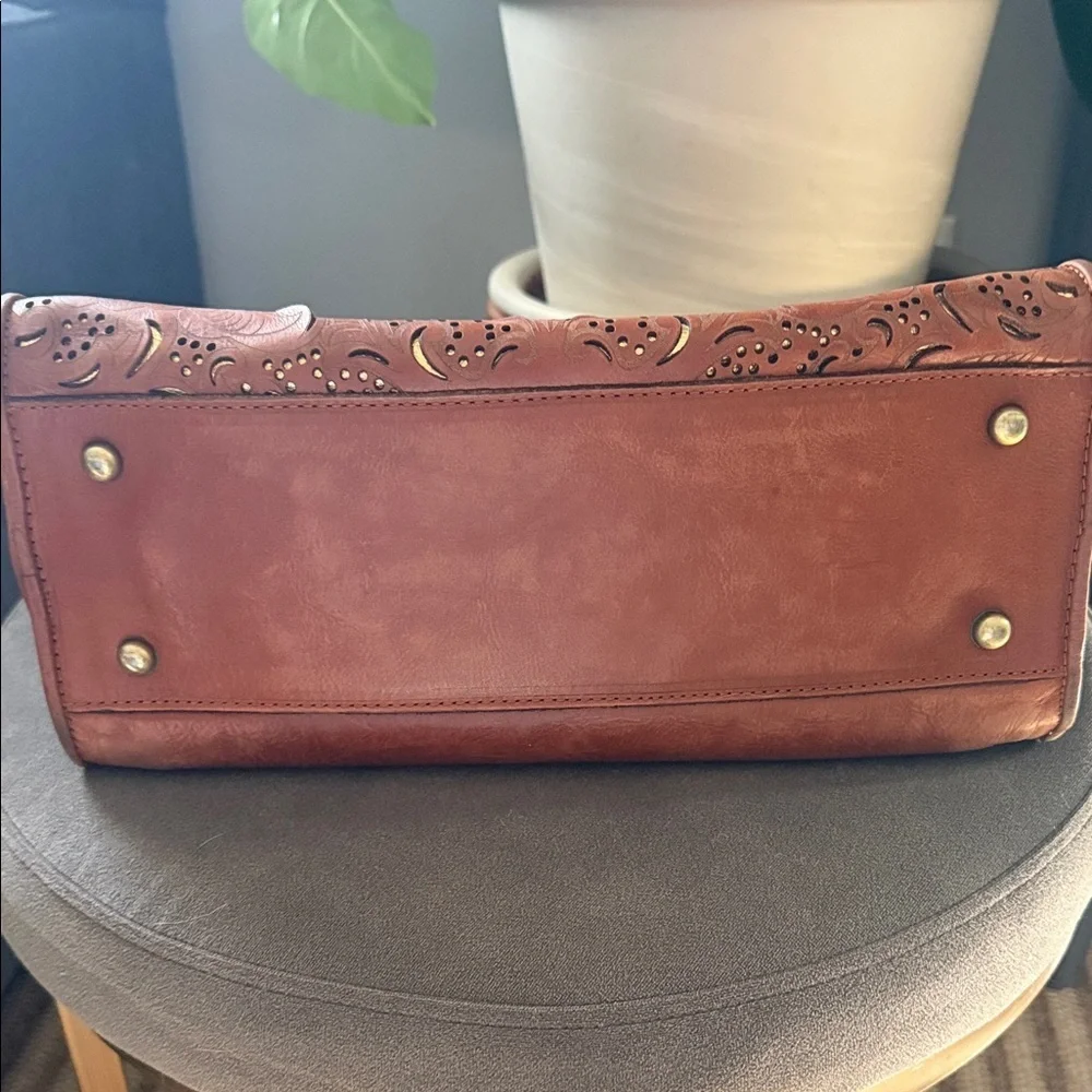 Patricia Nash Paris Leather Large Laser Cut Satchel Gold Boho